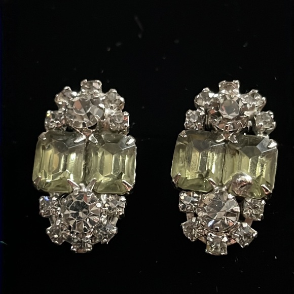 Two pairs Vtg Rhinestone/crystal Sliver Tone clip on Earrings - Picture 2 of 10